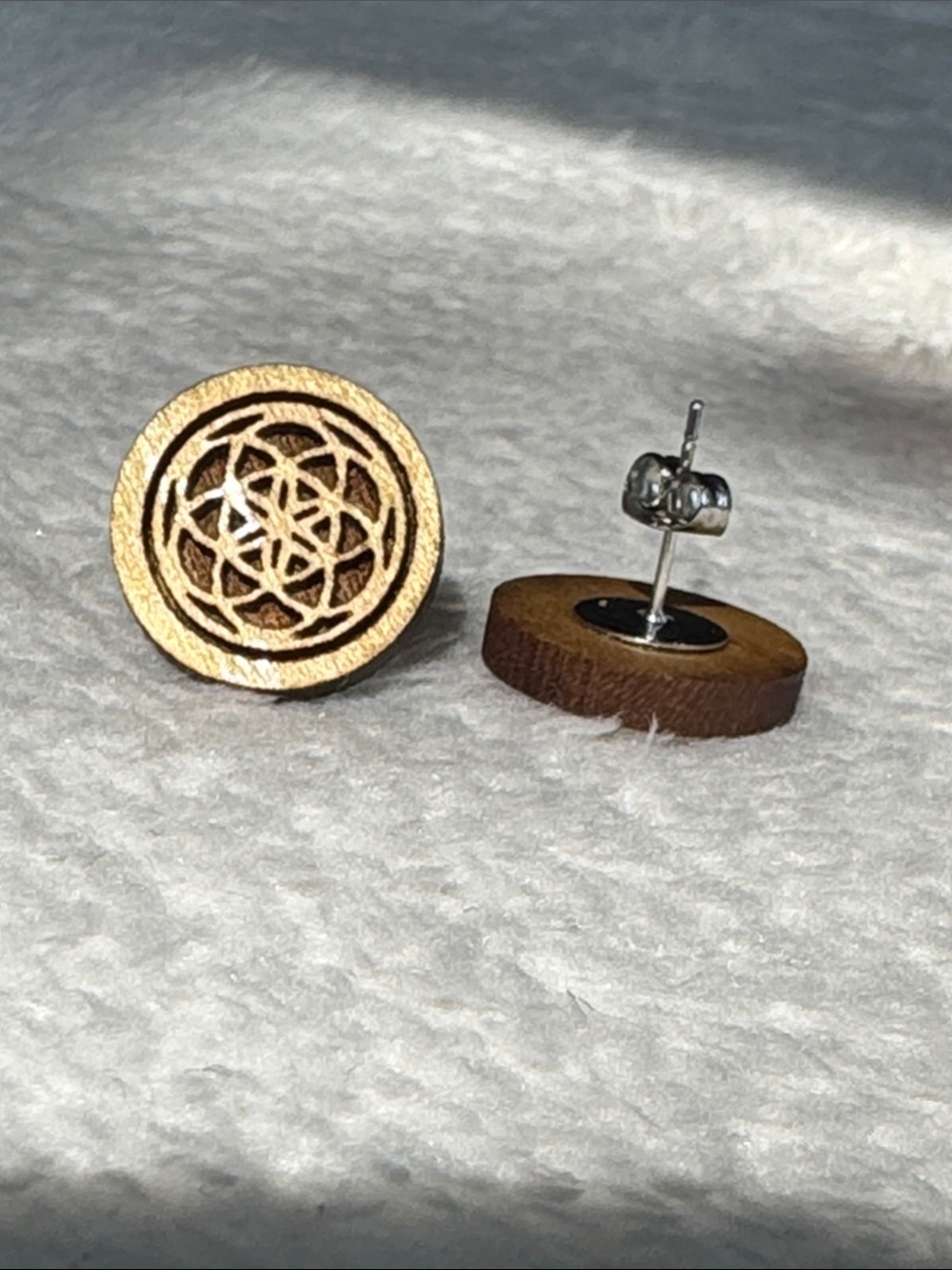 Handcrafted Wooden Flower of Life Stud Earrings - Natural Brown